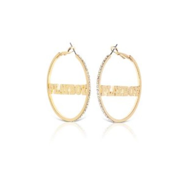 Playboy Gold CZ Nameplate Hoop Earrings - Picture 2 of 3